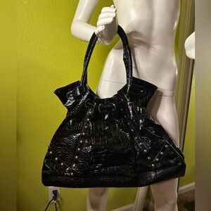 Black Patent Faux “Leather” Handbag with Studded Details